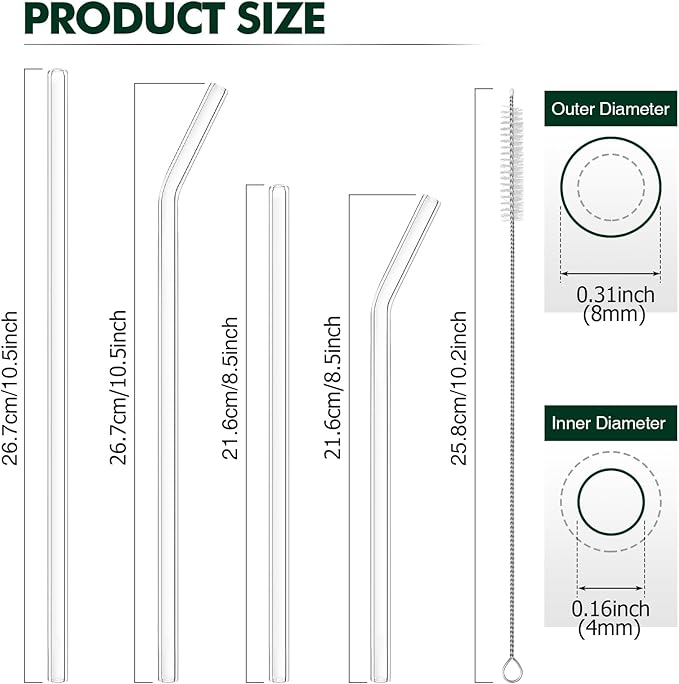 12 Pcs Reusable Glass Straws - Size 10.5"x8mm,8.5"x8mm,Including 6 Straight and 6 Bent Clear Glass Straws with 2 Cleaning Brush for for Smoothies, Coffee, Juice, Sodas, Cocktails