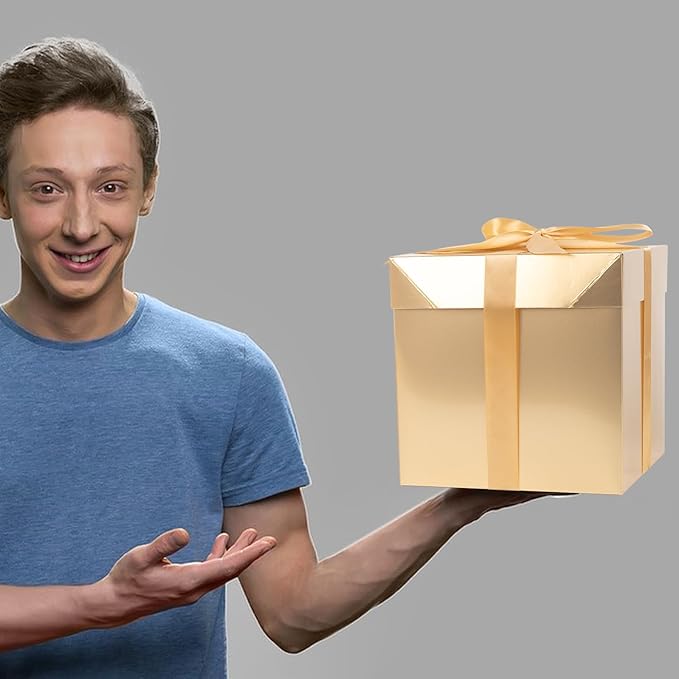 Jaywayang 5 Pack Gold Gift Boxes with Lids, Ribbons and Tissue Papers Square Gift Boxes - 7.1 Inch - Christmas Presents Wrapping Hanukkah Decoration Party Favor Boxes.