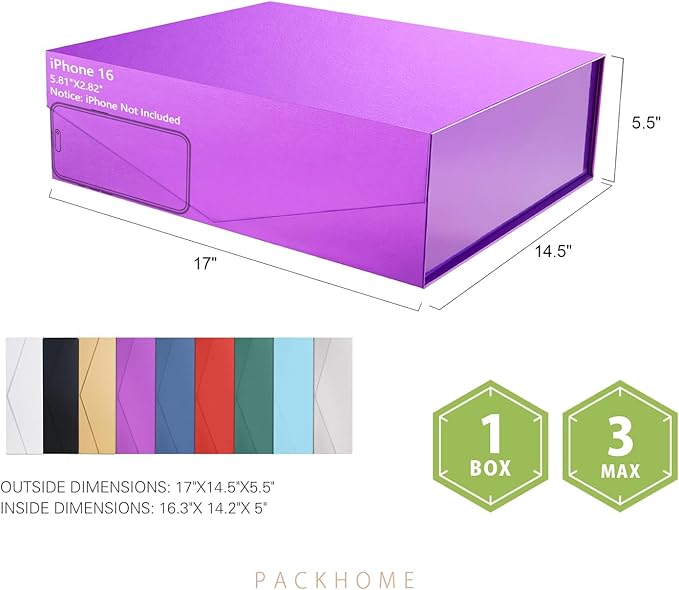PACKHOME 17x14.5x5.5 Inches, Extra Large Gift Box with Lid, Magnetic Closure Box for Clothes and Large Gifts (Glossy Purple with Grass Texture)