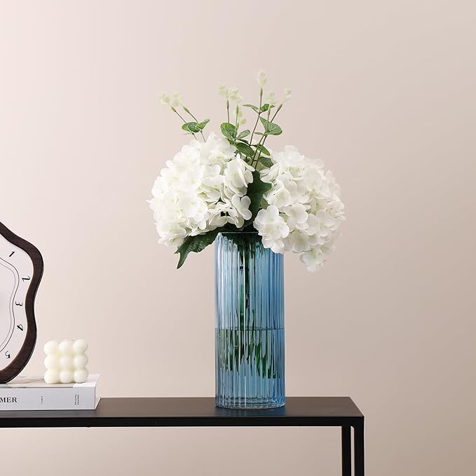 Blue Glass Vase, Glass Flower Vase, Ribbed Glass Vases, Blue Vase, Tall Cylinder Vases for Centerpieces, Living Room, Bedroom, Dining Table, Office, Wedding, Bookshelf Decoration, 10 Inches