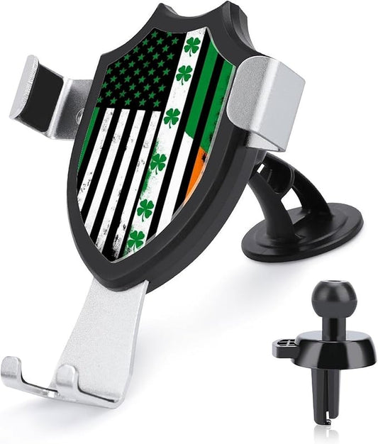 Phone Mount for Car Dashboard Air Vent Windshield, Universal Hands Free Automobile Cell Phone Holder St Patricks Day Shamrock Clover Irish American Flag