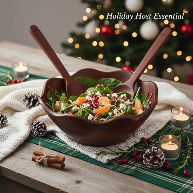 Melvvi Large Wooden Salad Bowl Set – 12" Wood Serving Bowl with 2 Utensils | Mango wood Scratch-Resistant - For Salad, Pasta & Fruits | Great Gift for Christmas (Walnut Brown)