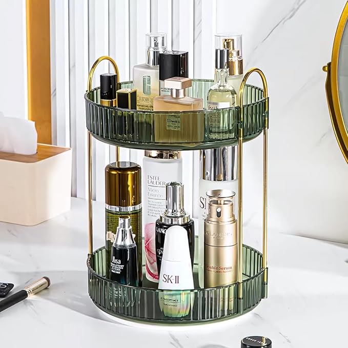 360° Rotating Makeup Organizer – 2-Tier Spinning Cosmetic Holder for Vanity, Countertop, Bathroom & Dresser – Perfume, Skincare & Cosmetic Care Organizer (Clear Green, 2 Tier)