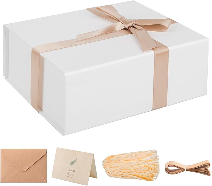 LIFELUM White Gift Box with Lid 8 x 7 x 3 inch Sturdy Magnetic Gift Box Bridesmaid Proposal for Valentine's Wedding Christmas Birthdays Gifts Packging (1 Pcs)