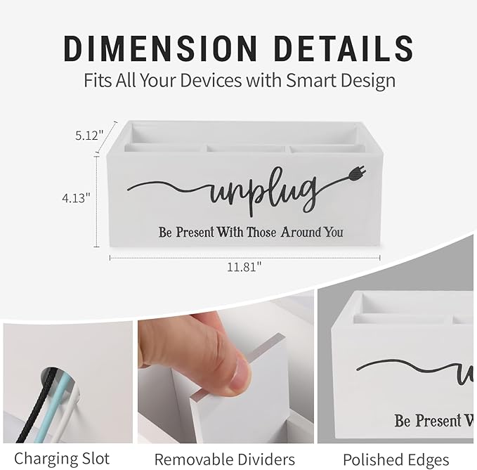 Bamboo Wood Phone Box – Unplug from Phones, Tablets, and Electronics for Study, Meetings, and Family Time, Phone Holder Organizer with Charging Holes, Farmhouse Style, Holds Up to 18 Phones-White