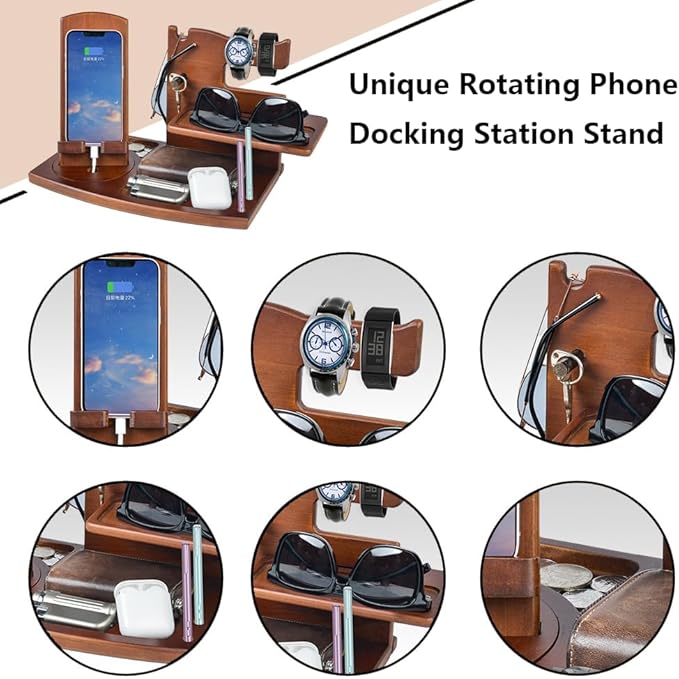 Gifts for Men, Fathers Day Wood Phone Docking Station for Dad, Desk or Nightstand Organizer, Mens Gifts for Husband, Birthday Gifts for Men,Gifts for Fathers Day, Key Holder Wallet, Watch & Essentials