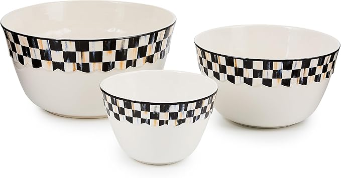 MACKENZIE-CHILDS Set of 3 Everyday Mixing Bowls, Small, Medium, and Large Stoneware Bowls for Kitchen Use, Black-and-White Courtly Check