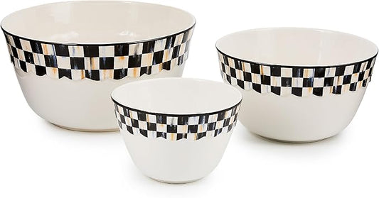 MACKENZIE-CHILDS Set of 3 Everyday Mixing Bowls, Small, Medium, and Large Stoneware Bowls for Kitchen Use, Black-and-White Courtly Check