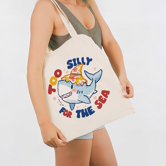 Canvas Tote Bag for Women, Too Silly for The Sea Reusable Shoulder Bags, Shark Totes Bag, Reusable Gift Beach Shopping Totes Bags, Birthday Christmas Gifts to Friends