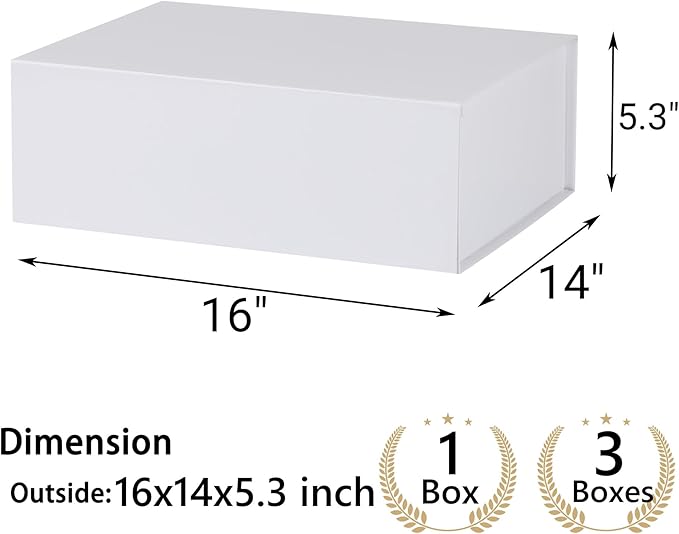 White Large Gift Box 16x14x5.3 With Lid, Ribbon, DIY Printable Sticker Paper - Magnetic Bridesmaid Proposal Box for Birthday, Wedding, Graduation Presents