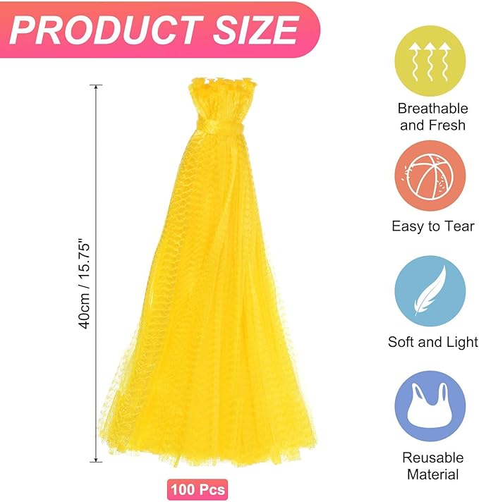 uxcell 100PCS Reusable Mesh Produce Bags, 15.7 Inches Egg Hatching Bags Washable Breathable Fruit Net Stretchable Mesh Netting Storage for Seafood Vegetable Onion Grocery Shopping, Yellow