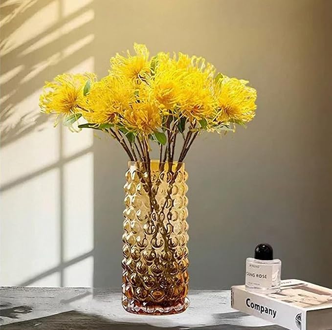 Unique Large Bubble Gold Glass Cylinder Vase-11 inch Tall, Flower Ribbed Vase for Living Room, Bedroom, Dinning Table, Office, Wedding, Table, Centerpieces.