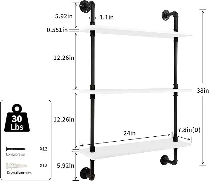 3-Tier Industrial Pipe Floating Shelf – Rustic 24 inch Wood Wall-Mounted Storage Shelf for Kitchen Office,Bathroom & Home Decor -White