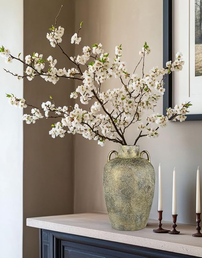 Large Ceramic Vase, 13.7" Tall Rustic Farmhouse Vase, Vintage Flower Vase with 2 Ears, Electroplated Terracotta Rustic Vases for Home, Living Room, Shelf, Mantel, Entryway, Wedding, Table Centerpiece