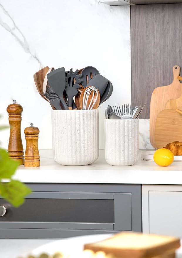 Nucookery Ceramic Utensil Holder Set for Kitchen Countertop, 7.2"+6.1" Large Cooking Utensil Crocks for Counter, Farmhouse Kitchen Decor, Set of 2 (Sand)