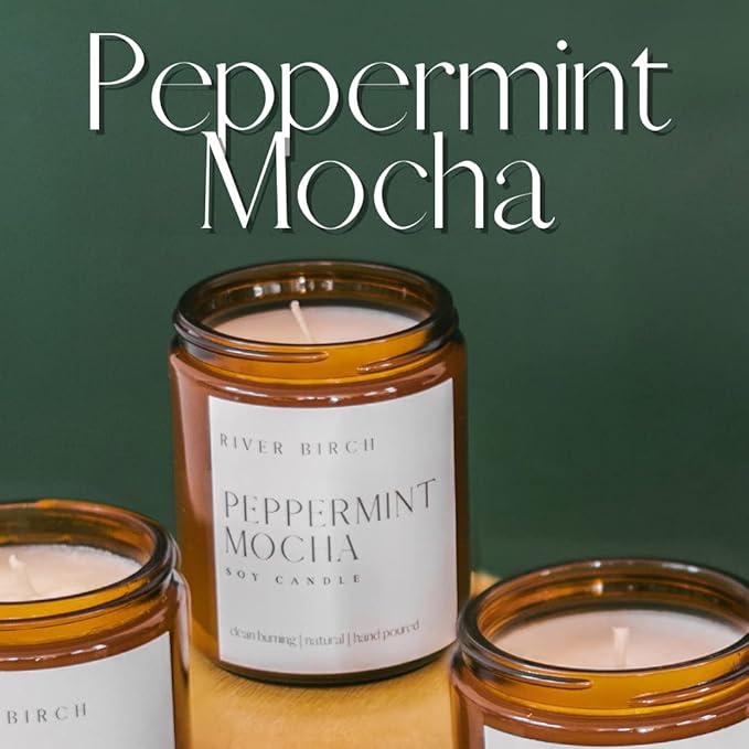 River Birch Candles Peppermint Mocha Scented Candle | Premium, All-Natural, Non-Toxic, Soy Amber Candles | 8.5oz 40 Hr Burn Time | Cozy Relaxing Gifts for Home