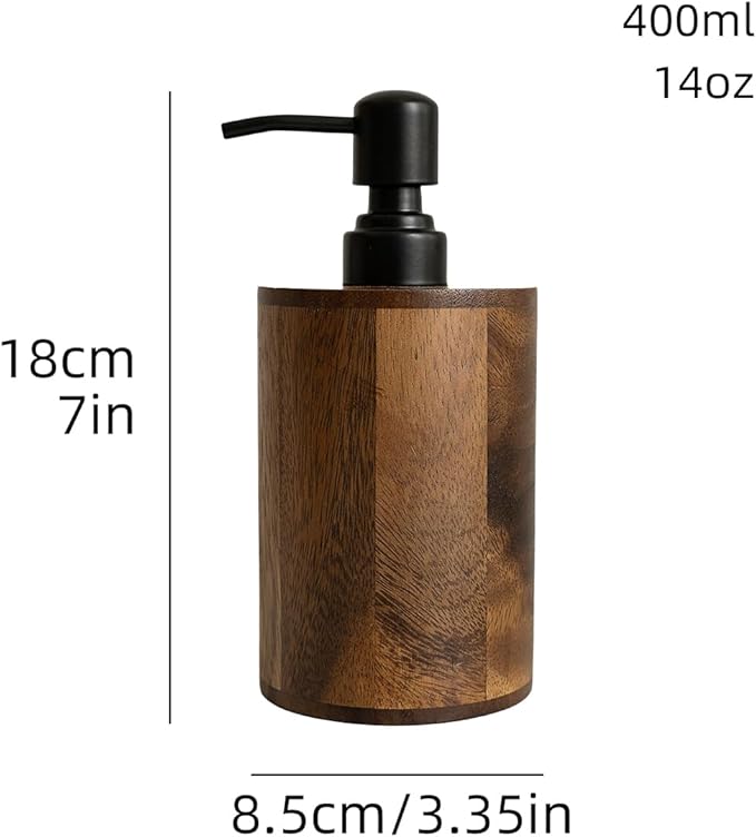 Walnut Wood Soap Dispenser, 14oz/400ml Round Cylinder Hand Soap Dispenser for Bathroom, Kitchen, with Pump Head, Funnel & Labels, Bathroom Countertop Soap Dispensers