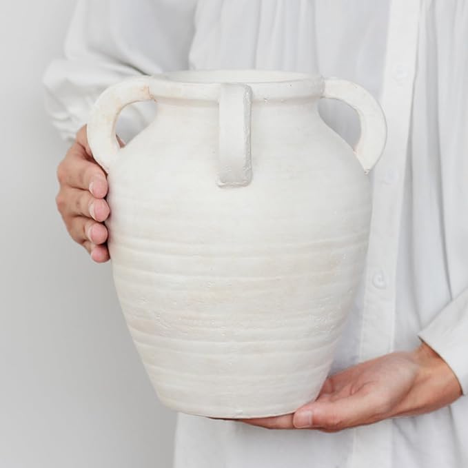 Rustic White Ceramic Vase, Wide Mouth Terracotta, Antique Decorative Flower Vase with 4 Handles, 9.7 in