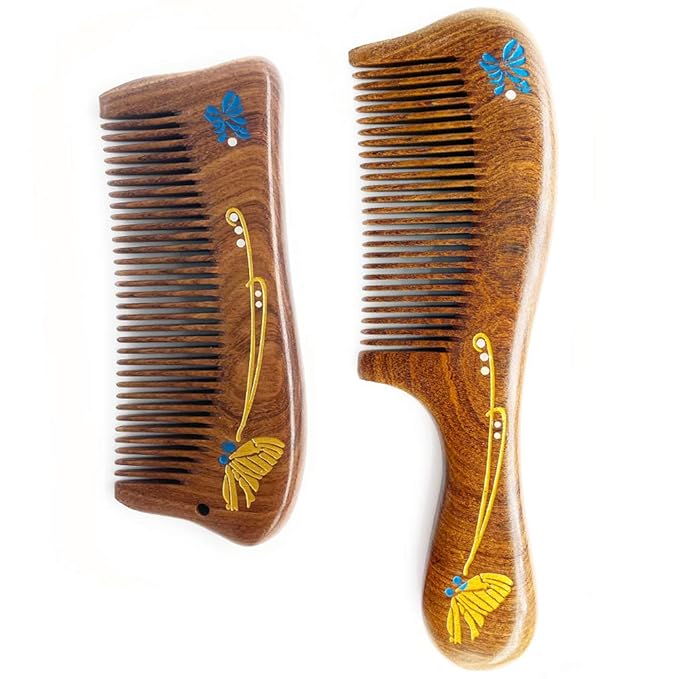 wooden combs set,Handmade Detangling comb with Fine teeth sandalwood combs with handle for Women Men Anti Static Adorable Shape Wooden Hair comb for Wavy Hair