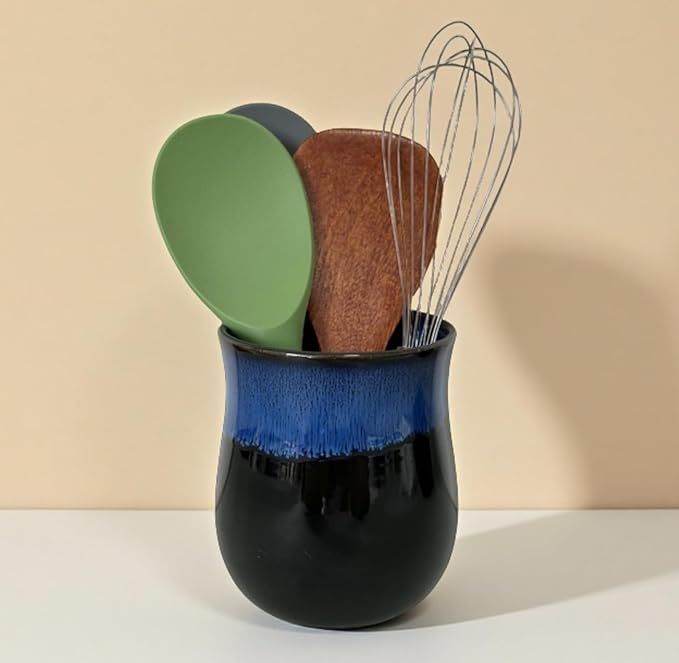 Medium Ceramic Kitchen Utensil Holder for Kitchen Counter Short Cooking Utensil Holder for Countertop Spatula Holder Small Utensil Crock Cutlery Holder Silverware Caddy Flower Vase (Retro Sapphire)