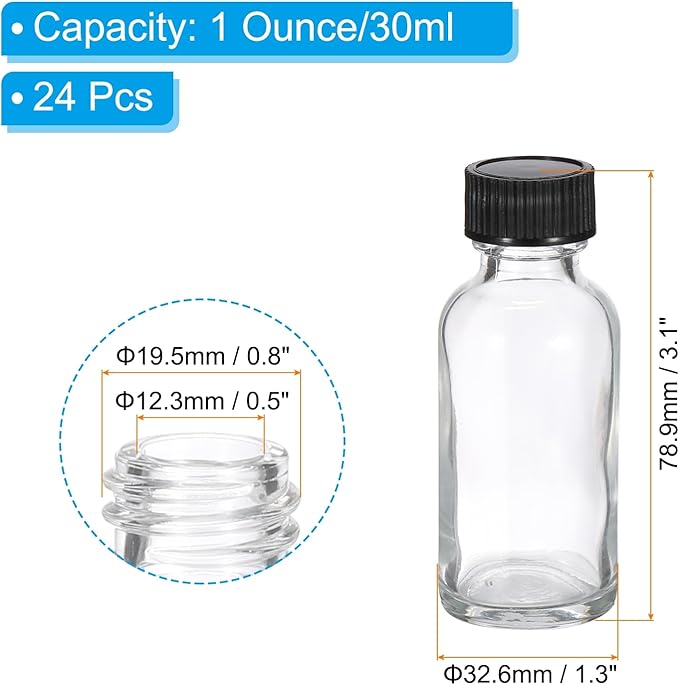PATIKIL 1oz(30ml) Glass Sample Bottles, 24Pcs Round Bottle Dispensing Bottles with Black Poly Cone Cap for Reagent Liquids, Juice, Perfume Hot Sauce Ginger Shots, Transparent