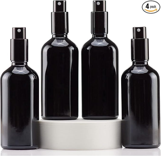 YIZHAO Black Glass Spray Bottles 4oz, with Small Fine Mist Spray, Metal Cap, Refillable for Essential Oil,Travel,Cleaning,Perfume,Aromatherapy,Makeup – 4 Pcs