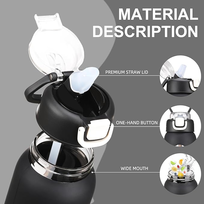 32 oz Glass Water Bottles with 2 Lids-Handle Spout Lid & Straw Lid, 1 Liter Motivational Borosilicate Water Bottle with Time Marker and Silicone Sleeve,Leakproof-Black-1 Pack