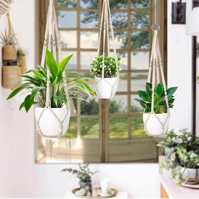 3 Pack Macrame Plant Hanger,Hanging Plant Holder, Boho Home Decor Hanging Basket with Wood Beads,Hanging Planters for Indoor Plants,Plant Hanger Indoor 35"/29"/23" Ivory (POTS NOT Included)