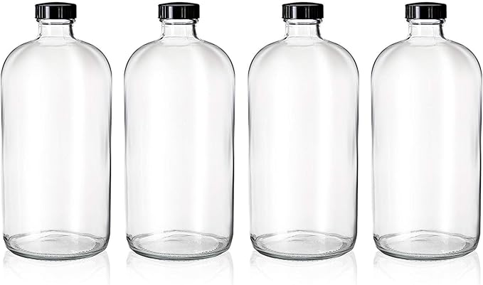 kitchentoolz Set of 12 Clear 32oz Boston Round Glass Bottles with Black Caps – Airtight Poly-Cone Sealed Bottles for Kombucha, Kefir, Beer, Fermentation, and Storage