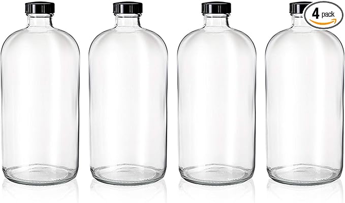kitchentoolz 4 Pack - 32oz Boston Round Clear Glass Growler - with Phenolic Poly Cone Insert Caps - Tight Seal for Secondary Kombucha Fermentation