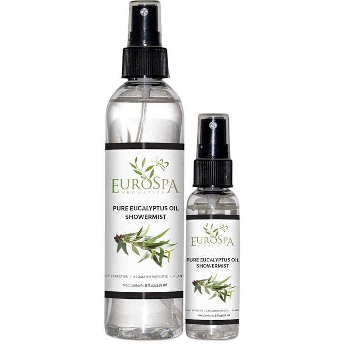 EuroSpa Aromatics Pure Eucalyptus Oil ShowerMist and Steam Room Spray, All-Natural Premium Aromatherapy Essential Oils - Pure Eucalyptus, Duo Pack, 8oz and 2oz