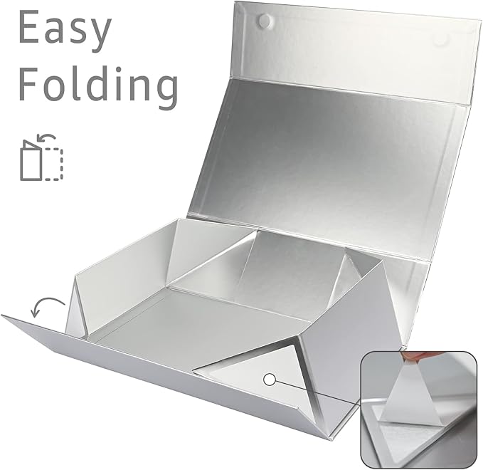 LIFELUM Gift Boxes with Lids, 1 Pack 13.8 x 8.3 x 4.4 inch Silver Gift Boxes with Ribbon, Card, Shredded Paper Filler for Presents, Graduation, Christmas, Birthdays