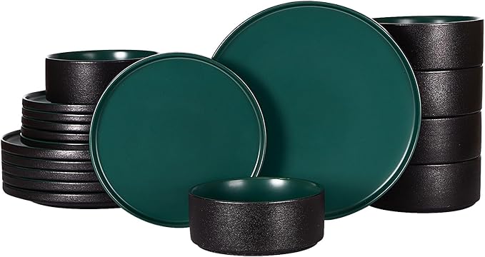 GZG Classic Series - Plates and Bowls Set for 6, 18 Piece Stoneware Dinnerware Sets, Microwave and Dishwasher Safe Lead-Free Handcrafted Ceramic Dishes Set - Malachite Green