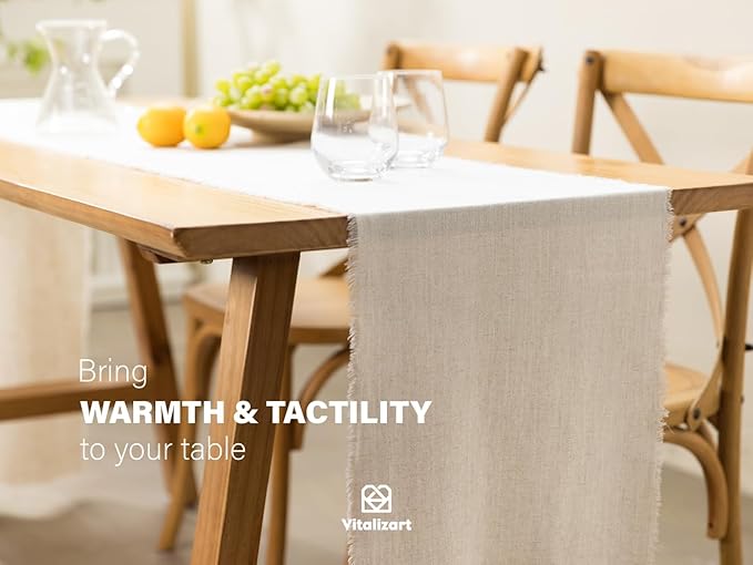 Vitalizart Beige Table Runner 14 x 120 Inches Long Slub Texture Cotton Linen Table Runner for Rustic Home Decorations Dining Room Wedding Decor Reception Bridal Shower Thanksgiving Christmas