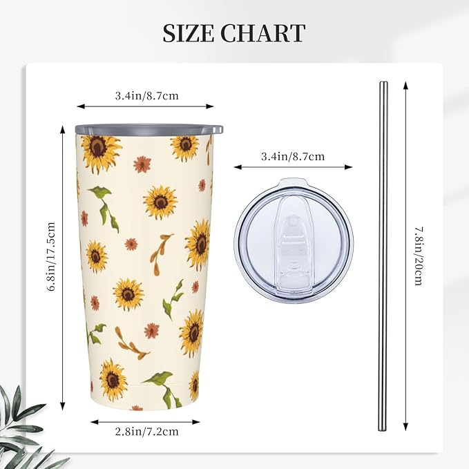 Sunflowers Tumbler,Flowers 20oz Stainless Steel Insulated Travel Tumblers,Travel Coffee Mug with Lid and Straw Water Bottle Drink Tumbler Cups Gifts for Women Men Lovers