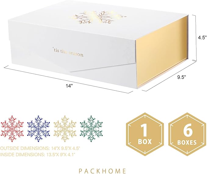 PACKHOME 6 Large Christmas Gift Boxes with Lids 13.5x9x4.1 Inches, Sturdy Collapsible Gift Boxes with Magnetic Closure (Gold Snowflake Pattern)
