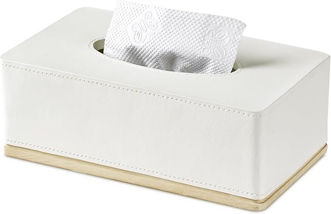 Rectangular Tissue Box Cover for Bathroom,Livingroom,Bedroom, Hand Carved Leather Resin Tissue Box Holder,10 x 5.7 x3.7 in, Beige