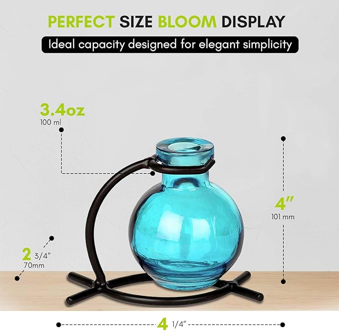 Couronne Company M501-200-09 Casablanca Recycled Glass Vase & Metal Stand, 4", Aqua, 1 Piece