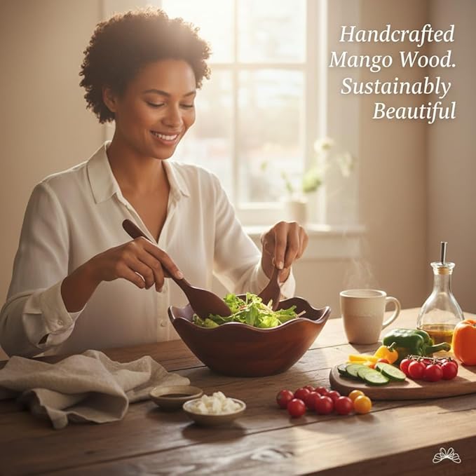 Melvvi Large Wooden Salad Bowl Set – 12" Wood Serving Bowl with 2 Utensils | Mango wood Scratch-Resistant - For Salad, Pasta & Fruits | Great Gift for Christmas (Walnut Brown)