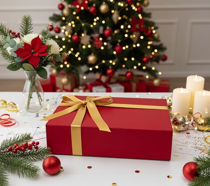 CECOBOX - Gift Boxes with Lids for Presents 13"x8.5"x4" - Matte, Collapsible Magnetic Closure Gift Box - Groomsmen & Bridesmaid Proposal Boxes, Wedding, PR, Birthdays, Holidays (Red)