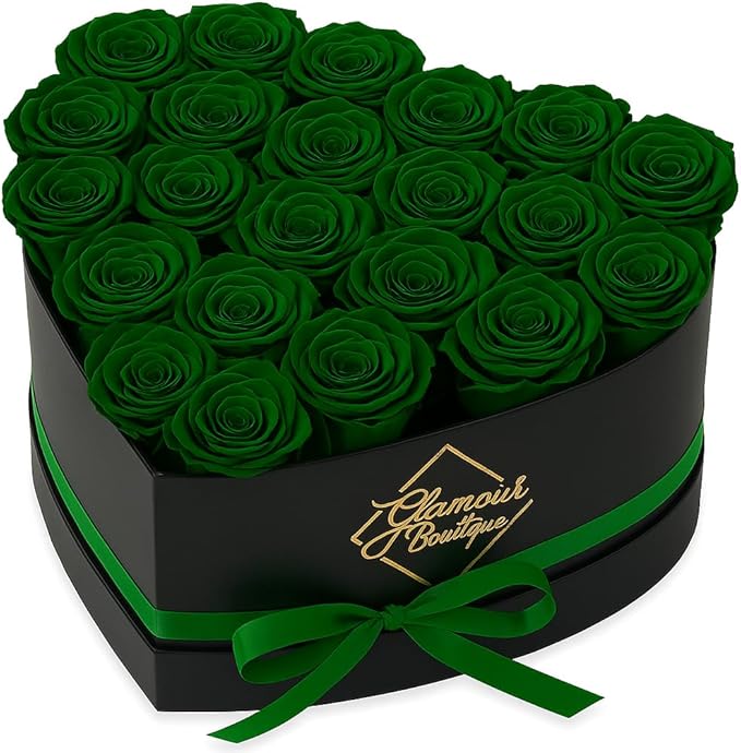 GLAMOUR BOUTIQUE 27 Flower Forever Heart Shape Box - Preserved Roses Gift for Her, Preserved Flowers, Green
