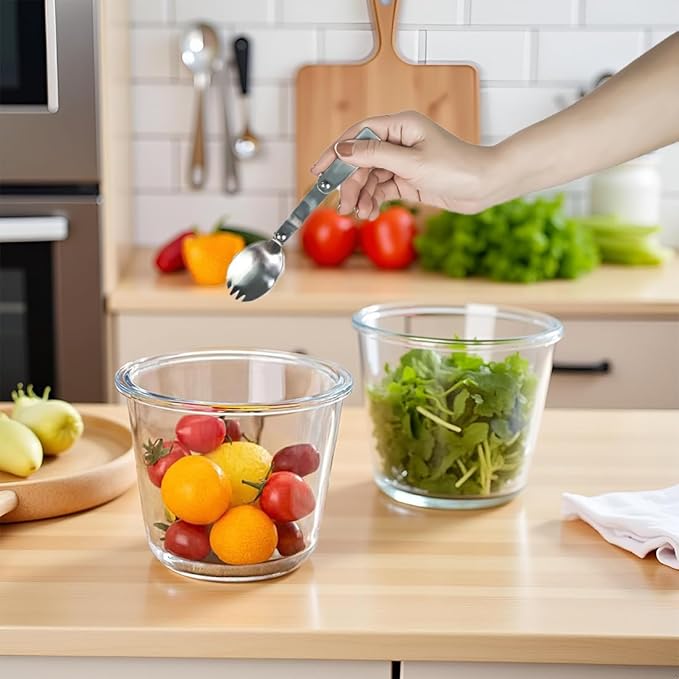 3-Cup Round Glass Meal Prep Containers with Lids,24oz Glass Food Storage Containers with Spoons, Heat-Resistant BPA-Free for Soup, Leftover, Oven, Dishwasher, Fridge, Freezer Safe (2 Pack)