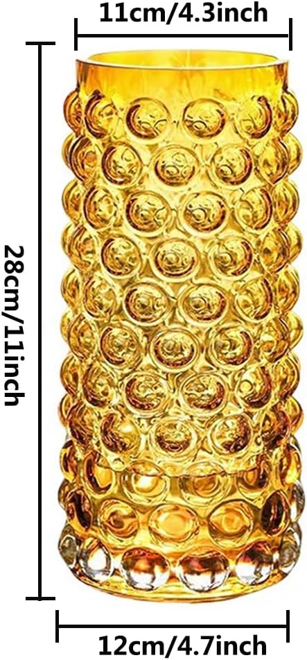 Unique Large Bubble Gold Glass Cylinder Vase-11 inch Tall, Flower Ribbed Vase for Living Room, Bedroom, Dinning Table, Office, Wedding, Table, Centerpieces.