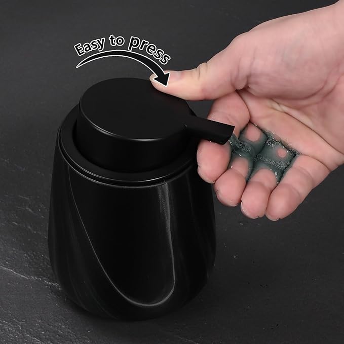 12Oz Ceramic Liquid Soap Dispenser - Modern Lotion Hand Soap Dispenser with Easy-to-Press Black Pump, Reusable and Refillable Dish Soap Dispensers for Bathroom & Kitchen, Marble Black