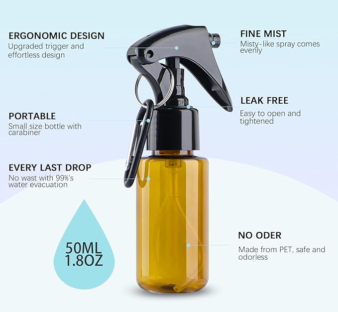 TANSHINE Small Spray Bottle 50ml, Travel Size Mini Fine Mist Water Spray Bottles, Portable Hand Sanitiser Alcohol Spray Bottle, Plastic Refillable Empty Face Mister Spray Bottles with Clip, 5pcs