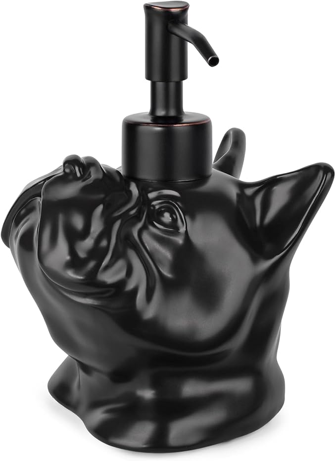 French Bulldog Shaped Soap/Lotion/Hand Sanitizer Bulldog Ceramic Stainless Steel Pump Dispenser Gifts for Lover, Refillable for Kitchen and Bathroom(Black)