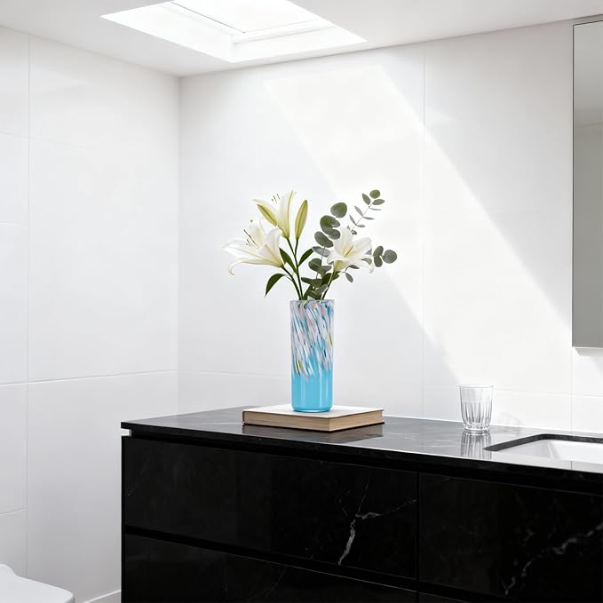 9.45" Tall Blue Vase Hand Blown Glass Vase Green, Modern Blue Home Centerpieces Wide Mouth Vases for Bud&Flower Decor - Ideal Living Room, Kitchen, Wedding, Dining Table, Office Center Table