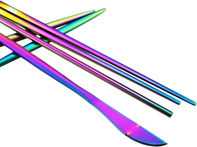 Gugrida Luxury Rainbow Matte Portable 18/10 Stainless Steel Travel Flatware Sets of 7 Portable Camping Cutlery Set, Healthy & Eco-Friendly Flatware Set with Carrying Case for Travel or Camping