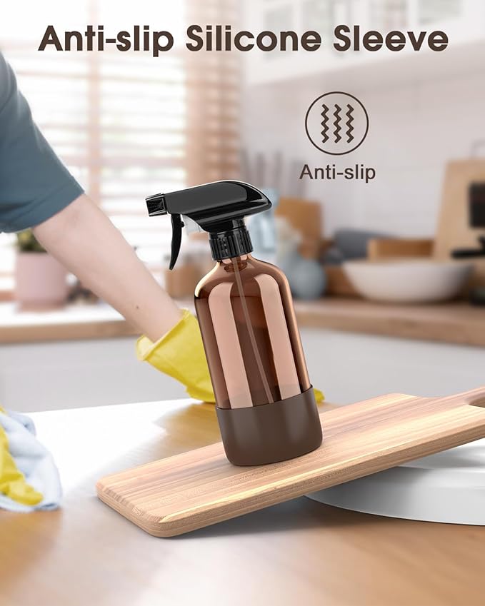 Glass Spray Bottle with Silicone Sleeve Protection, Amber Glass Spray Bottle Set for Window Cleaner Aromatherapy Facial Hydration Watering Flowers Hair Care 2 Pack/16 oz (Brown, 16 oz)