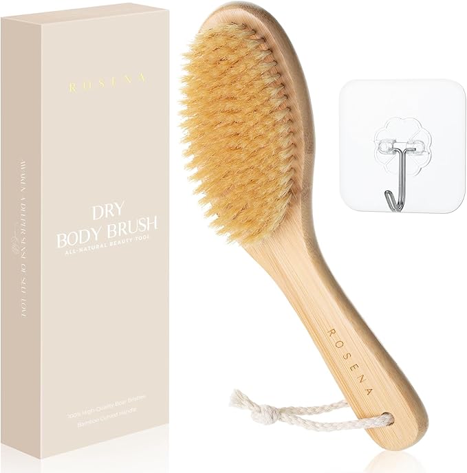 ROSENA Dry Brushing Body Brush with Curved Handle - Dry Brush Natural Boar Bristles, Bamboo, Ergonomic Design for Exfoliating & Lymphatic Drainage, Sustainable Materials